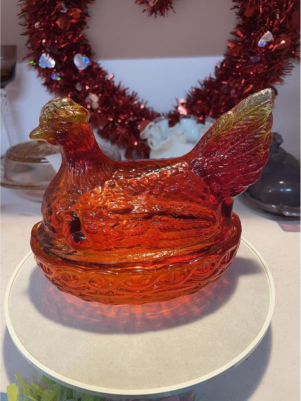 LE Smith Amberina Flame 6” Hen on Nest Vintage Glass with Chicks